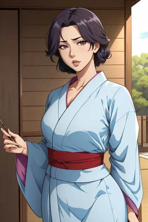 a woman in a blue kimono is holding a cell phone