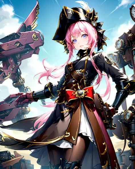 close up, anime character,   steampunk pilot attire, goggles on head,  pirate theme, pink hair, tricorne hat, mechanical arm, or...