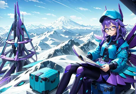 close up, anime character,  ong purple hair, blue-themed outfit, sitting on suitcases, holding a book, glasses, and a cap, with ...