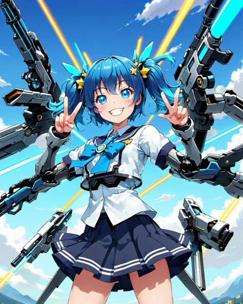 star wing style, close up, anime character, blue hair, twin tails, robotic arms, school uniform style, cheerful expression, V-si...