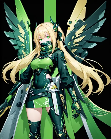 star wing style, 1girl, blonde hair, green and black combat attire, confident stance, detailed sleeve design, dragon motif, futu...