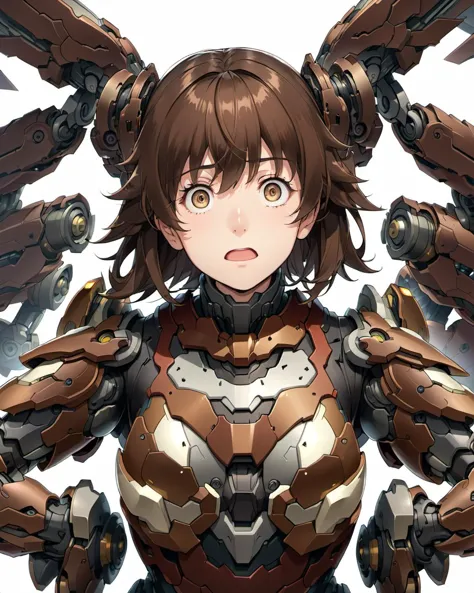 close up, anime character,  brown hair and mechanized armor, including large robotic arms.expressive eyes  <lora:XX:0.6>