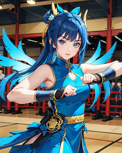 close up, anime character,  Kung fu, girl in blue cheongsam and armor, martial arts gym background, star wing style,  <lora:XX:0...