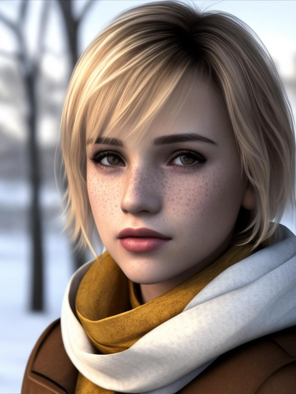heathersh3, 1girl, blonde hair, short hair, freckles, brown eyes, lips, young,  portrait, clouse up, (sharp, masterpiece, photoreal, detailed, high quality, realistic), winter jacket, scarf, winter bg, filmgrain, noise, 