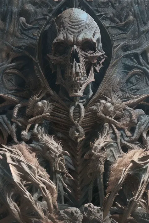 a close up of a skeleton with a large head and a large body