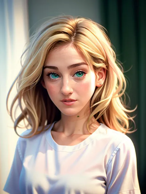 Realistic photo of a beautiful s4r4hjp woman, 1girl,solo,looking at viewer,blonde hair,shirt,green eyes,white shirt,upper body,medium hair,mole,blurry,lips,realistic,mole on cheek, soft lighting, professional Photography, Photorealistic, detailed, RAW, analog, sharp focus, 8k, HD, high quality, masterpiece<lora:s4r4hjp:1.0>