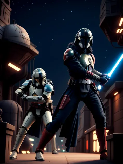 masterpiece shot of a star wars scene with the mandalorian holding a light saber at night on coruscant , mandalorian helmet, disney pixar anime style, cnm ghostshell, js, fighting stance with light saber,