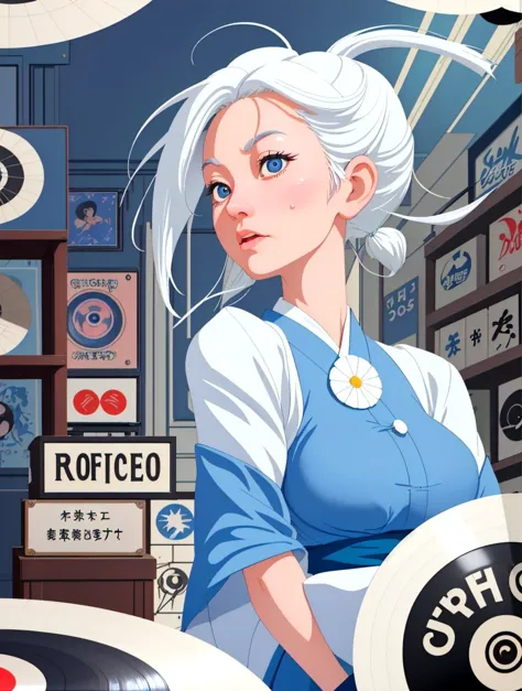 masterpiece upper body shot of a japanese woman with white hair and blue eyes, Surprise facial expression, Vintage vinyl record ...