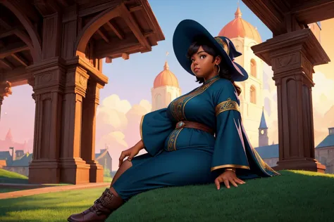 (masterpiece, best quality, style of Tim Blandin), wide shot of a chubby black woman wearing a wizard outfit, fantastic town sit...