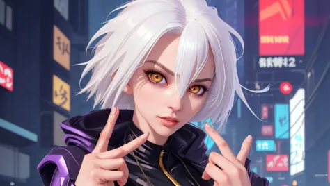 a beautiful woman portrait masterpiece with white hair, golden eyes, a suit, in cyberpunk tokyo, making a v with her fingers, peace sign with fingers, perfect fingers