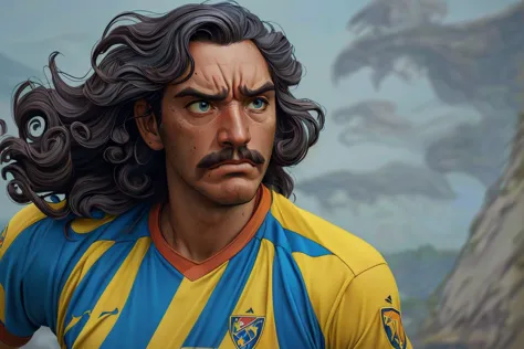 ((((masterpiece, best quality, action shot in the style of [Richard Anderson|Ralph Angus McQuarrie], highly detailed face and eyes, frowning face expression)))), Hispanic man with eyes:ivory and hair:blue long and curly mustache wearing soccer player outfit solo focus,