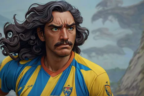 ((((obra de arte, melhor qualidade, foto de ação no estilo de [Ricardo Anderson|Ralph Angus McQuarrie], Rosto e olhos altamente detalhados, expressão facial de carranca)))), homem hispânico com olhos:marfim e cabelo:bigode azul longo e encaracolado vestindo roupa de jogador de futebol foco individual,