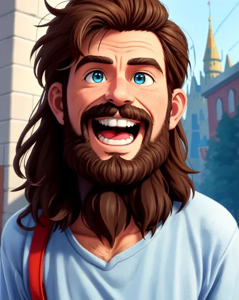 a cartoon man with long hair and a beard smiles