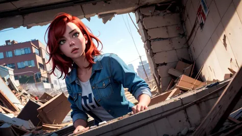 masterpiece photorealistic pixar anime upper-body shot of a red hair woman in montreal subway ruins, post-apocalypse, dutch angle,