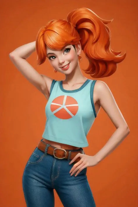 ((masterpiece, best quality)), Misty_Pokemon, side ponytail, orange hair, solo, smiling, blushing, looking at viewer, cowboy sho...