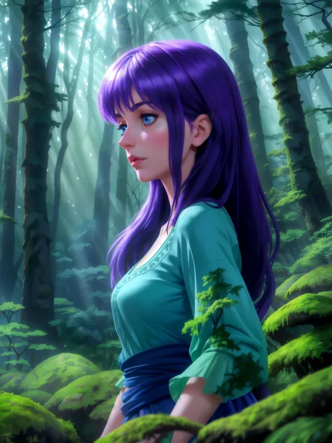 masterpiece upper body shot of a turkish woman with violet hair and blue eyes, Boredom facial expression, Misty forest with moss...