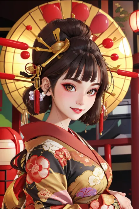 4k, chef-d&#39;œuvre, haute résolution, absurdes,Éclairage volumétrique naturel et meilleures ombres, souriant,grande profondeur de champ,soft delicate beautiful attractive affronter, magnifique bordOiran_femme, a femme in a kimono posing for a picture ,edgOiran parfait_affronter,edgOiran parfait_corps,edgOiran_se maquiller,edgOiran_coiffure