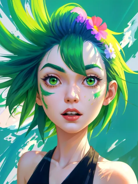 masterpiece upper body shot of a japanese woman with green hair and green eyes, Surprise facial expression, Modern art gallery w...