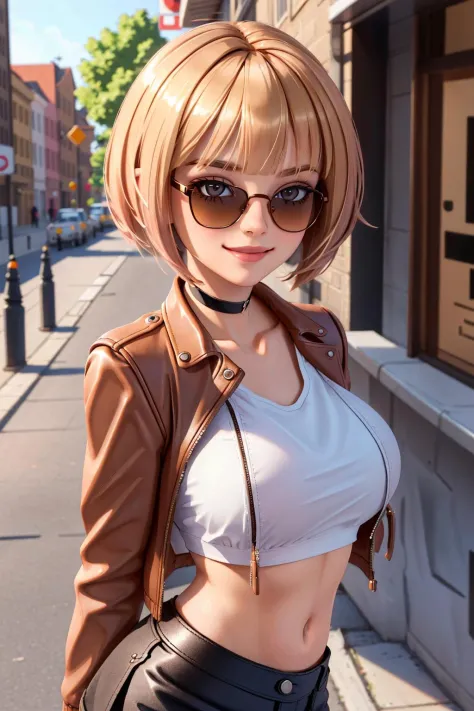 4K, Masterpiece, highres, absurdres,natural volumetric lighting and best shadows, deep depth of field, sharp focus, smiling,soft delicate beautiful attractive face, blonde Nadia with sunglasses and a choker, leather jacket, miniskirt,parted lips, smile, with an edgBobCut_hairstyle posing for a picture, blunt bangs, cowboy shot,big 