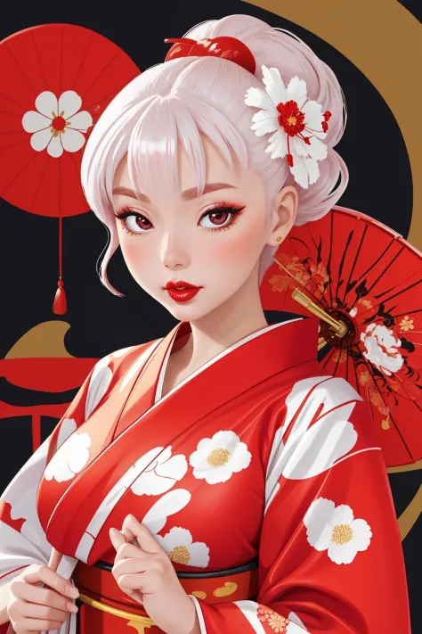 Masterpiece, 4K, beautiful, kimono, red, white flower pattern,silk kimono, shiny kimono,red kimono belt with white flower patter...
