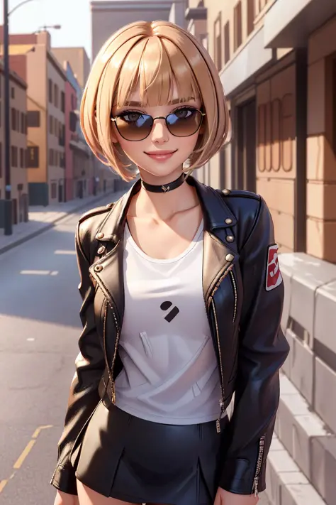 4K, Masterpiece, highres, absurdres,natural volumetric lighting and best shadows, deep depth of field, sharp focus, smiling,soft delicate beautiful attractive face, blonde Nadia with sunglasses and a choker, leather jacket, miniskirt,parted lips, smile, with an edgBobCut_hairstyle posing for a picture, blunt bangs, cowboy shot,