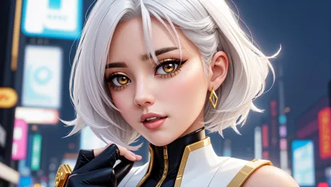 a beautiful woman portrait masterpiece with white hair, golden eyes, a suit, in cyberpunk tokyo, making a v with her fingers, pe...