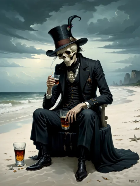 Dark Fantasy, death drinking whiskey on a beach,  evening, beach hat,  (romantic:1.4), (depression | melancholy:1.15), anguish h...