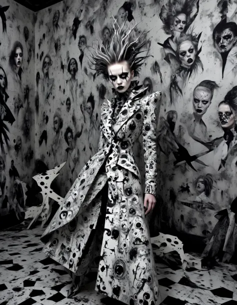 close up portrait, Chaotic black and white patterns, asymmetrical silhouettes, deranged tailoring, surrealistic haute couture, V...
