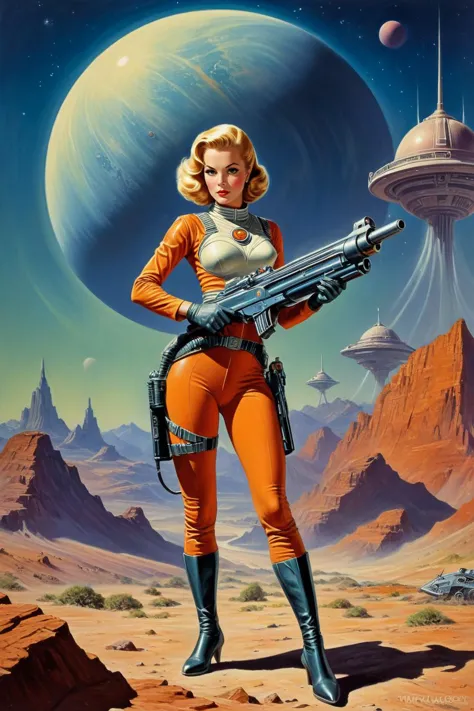 by Angus McKie, .1950's pulp sci-fi female space cadet, holding a ray gun rifle at ready, giant gas planet background,.(professi...
