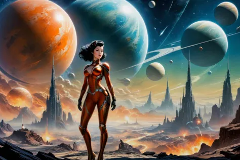 by Stephan Martiniere and Chiho Aoshima,.1950's pulp sci-fi space vixen army, giant gas planet background,.(professional poster ...
