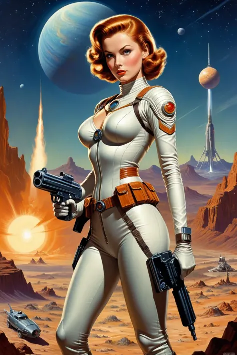 by David A. Hardy, .1950's pulp sci-fi female space cadet, holding a ray gun rifle at ready, giant gas planet background,.(profe...