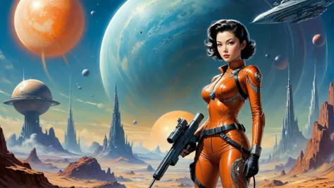 by Stephan Martiniere and Chiho Aoshima,.1950's pulp sci-fi female space cadet, holding a ray gun rifle at ready, giant gas plan...