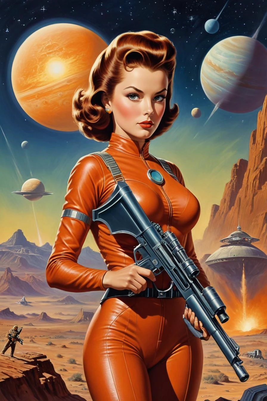 by David A. Hardy, .1950's pulp sci-fi female space cadet, holding a ray gun rifle at ready, giant gas planet background,.(professional poster art, bold lines:1.4),.(pulp sci-fi,  beautiful, intricate details, masterpiece, best quality:1.4),.cinematic full body shot, dynamic pose,.pulp sci-fi poster art color palette,.dramatic and dynamic lighting,..