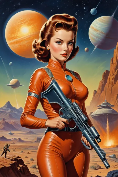 by David A. Hardy, .1950's pulp sci-fi female space cadet, holding a ray gun rifle at ready, giant gas planet background,.(profe...