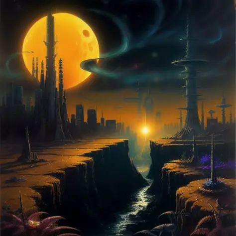 <lora:cosmiclandscapes:0.7>, cosmiclandscapes, ((retro)), ((painting of an alien landscape)), ((chasm)), (yellow sky), ((black h...