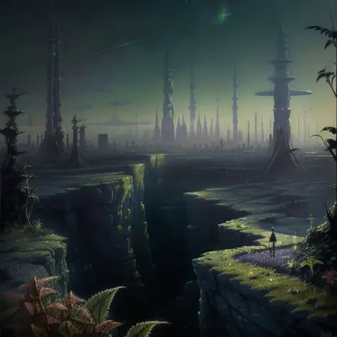 <lora:CosmicLandscapes:0.7>, CosmicLandscapes, ((retro)), ((mysterious)), ((painting of an alien landscape)), ((chasm)), (green sky), ((thin atmosphere)), ((alien plants)),  ((futuristic city)), ((tall spires)), chiaroscuro, beautifully lit, cinematic lighting, dramatic lighting, natural lighting, naturalism, (golden ratio), detailed, 8K, by Bruce Pennington, Danny Flynn <lora:theovercomer8sContrastFix_sd15:0.6>, by alexi zaitsev, by Antoine Blanchard, by Brent Heighton, by Jeremy Mann