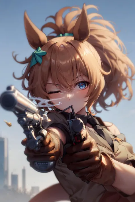 masterpiece, best quality, 
taiki shuttle \(umamusume\), 
aiming at viewer, holding weapon, scene reference, holding gun, handgun, revolver, smoking gun
cosplay, one eye closed, black necktie, 
brown gloves, smoke, armband, upper body, bandana 
<lora:taiki_shuttle_lora:0.8>