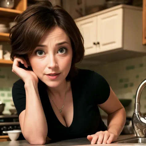 there is a woman leaning on a counter in a kitchen