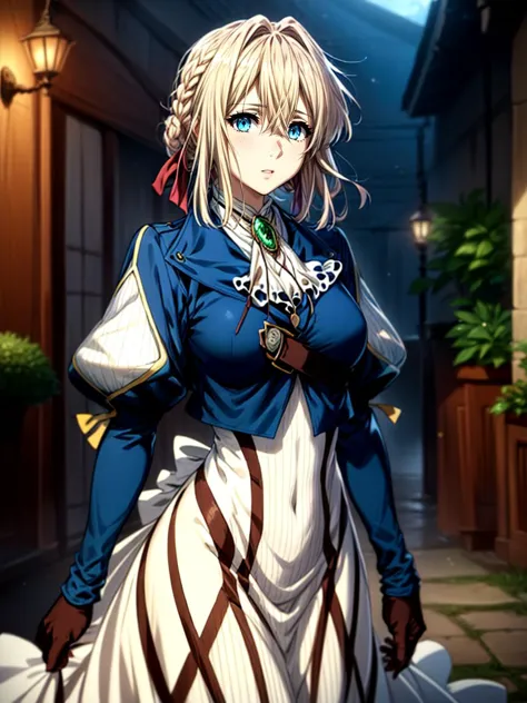 best quality, masterpiece,    1girl  intricate detail, (full body), detailed face,  looking at viewer, detailed hairstyle,     <lora:violet_evergarden_v1:1> violet evergarden, braid, hair ribbon, red ribbon, jewelry, white ascot, brooch, blue jacket, long sleeves, brown gloves, white dress, long dress <lora:add_detail:1>