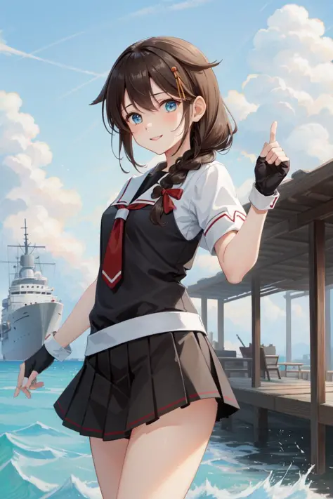 masterpiece, best quality, absurdres, perfect anatomy, 1girl, solo ShigureKancolle, long hair, single braid, hair flaps, ShigureBase, black serafuku, school uniform, pleated skirt, fingerless gloves, standing, smile, cowboy shot, dynamic pose, dock, watercraft