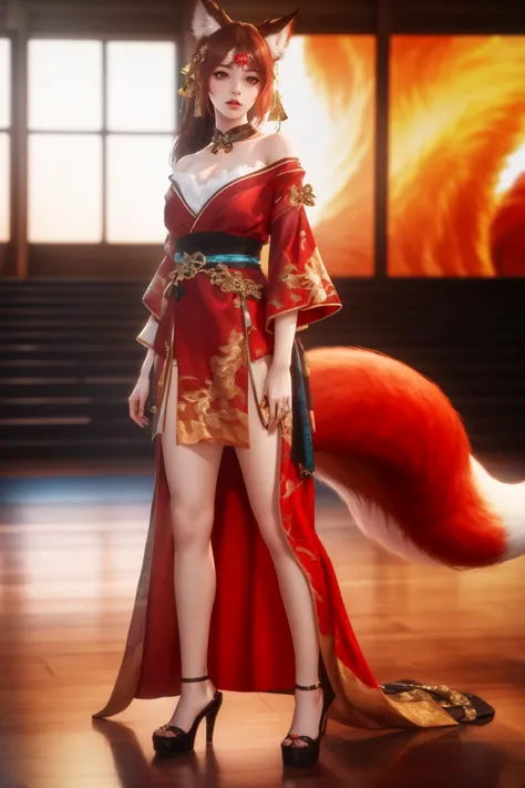 a woman in a red dress and a fox tail