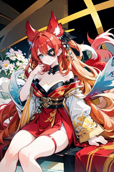 highly insanely detailed, masterpiece, top quality, best quality, highres, 4k, 8k, RAW photo, (very aesthetic, beautiful and aesthetic),  
solo, red hair, sitting, 
<lora:red9fox:0.8>, red9fox, fox ears, fox girl, hair ornament, jewelry, off shoulder, forehead mark, long sleeves, tail, 
very long hair ,ginger hair ,rainbow hair, Iridescence hair  ,Blowing hair in the strong wind, 
(bright blue-green eyes,light blue eyes) ,golden blonde eyeliner  ,thick eyelashes   ,scar_across_eye,eyepatch, 
neon yellow background, neon magenta background, neon red background ,solid color, solid color background,gradient background,neon color,multicolored background, 
(flower, falling petals, petals on liquid, petals, cherry blossom:0.8),