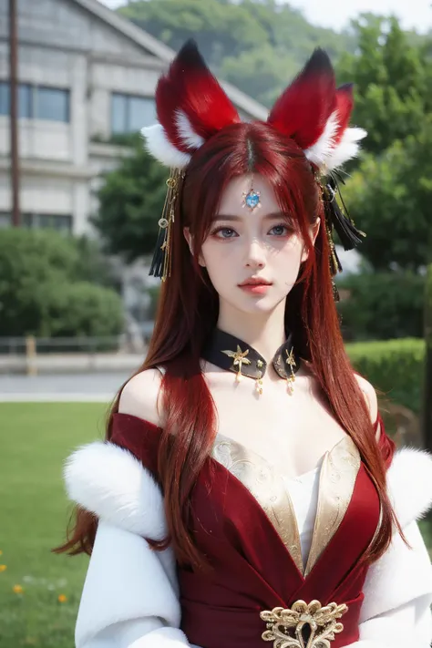 a close up of a woman in a red dress with a white and black cat ears