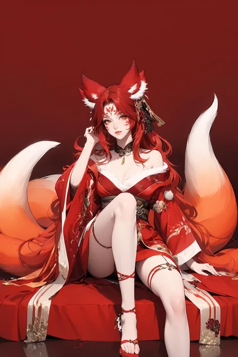 anime girl in red dress sitting on a red cushion with a fox headpiece