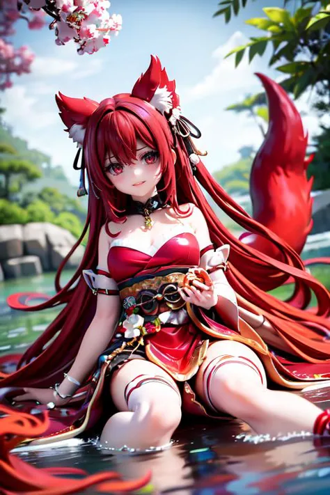 highly insanely detailed, masterpiece, top quality, best quality, highres, 4k, 8k, RAW photo, (very aesthetic, beautiful and aesthetic),  
solo, red hair, sitting, 
<lora:red9fox:0.8>, red9fox, fox ears, fox girl, hair ornament, jewelry, off shoulder, forehead mark, long sleeves, tail, 
absurdly long hair ,auburn hair ,  , 
(dark brown eyes)     ,empty eyes,water eyes,narrowed eyes , 
red background, cyan background , 
(flower, falling petals, petals on liquid, petals, cherry blossom:0.8),