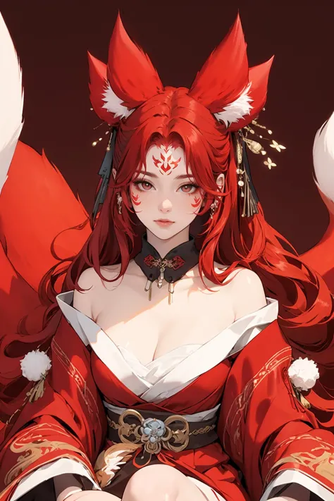 (masterpiece, best quality,masterpiece,illustration,),
very long hair,solo,red hair,red background,sitting,red theme,
<lora:red9fox:0.8>,red9fox,fox ears,fox girl,hair ornament,jewelry,off shoulder,forehead mark,long sleeves,tail,