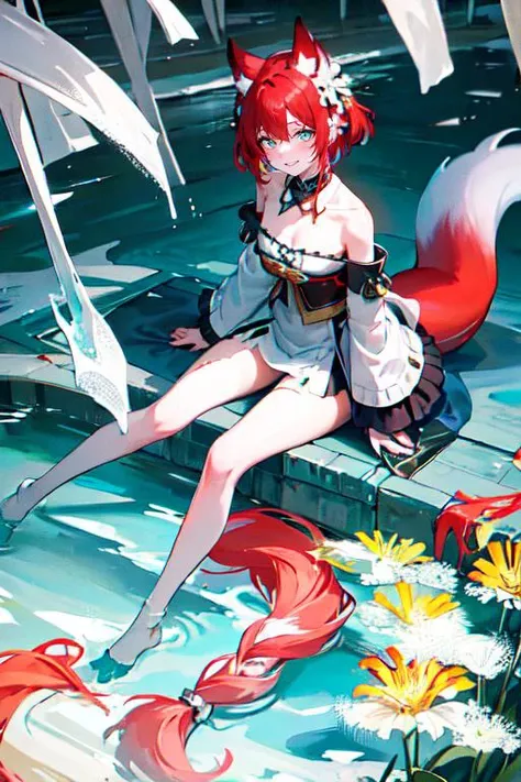 highly insanely detailed, masterpiece, top quality, best quality, highres, 4k, 8k, RAW photo, (very aesthetic, beautiful and aesthetic),  
solo, red hair, sitting, 
<lora:red9fox:0.8>, red9fox, fox ears, fox girl, hair ornament, jewelry, off shoulder, forehead mark, long sleeves, tail, 
very short hair ,aqua hair ,colored inner hair ,blunt cut,french braid ,bioluminescent hair,ultra floating, floating hair, 
(bright blue-green eyes)      ,no eyes,flower-shaped pupils, 
cyan background, white background ,multicolored background,gradient background,solid color, solid color background,neon color, 
(flower, falling petals, petals on liquid, petals, cherry blossom:0.8),