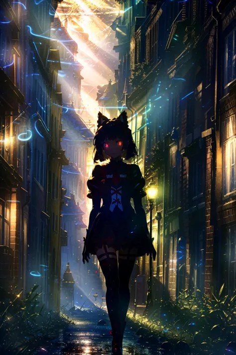 a woman in a dress and hat walking down a street at night