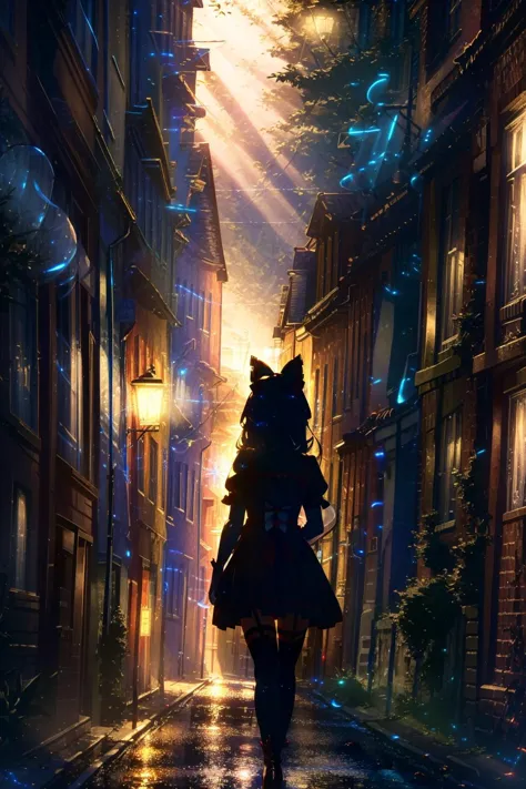 anime girl walking down a street at night with a cat on her back