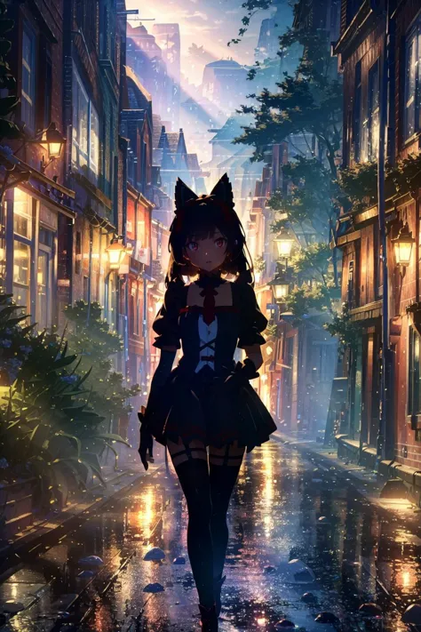 anime girl walking down a street in the rain at night